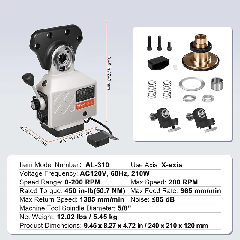 ALSGS AL-310S Power Feed X-Axis 450 in-lb Torque Power Feeder Milling Machine 0-200PRM 110V 220V for Bridgeport Similar Knee