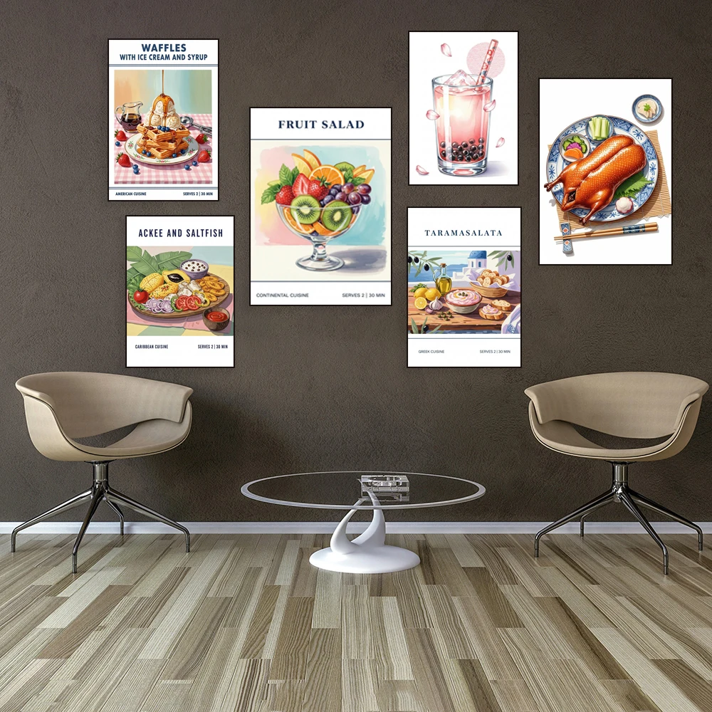 Fruit salad, Spanish paella, pearl milk tea, Peking duck, spaghetti bolognese, Jamaican lamb curry, Greek kebab, food poster