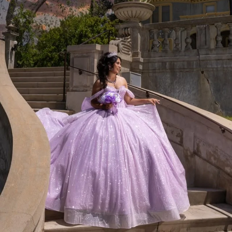 

Lavender Purple Quinceanera Dress off-shoulder crystal decal Long tail Bow vestidos de 15 Quinceanera ﻿Customize