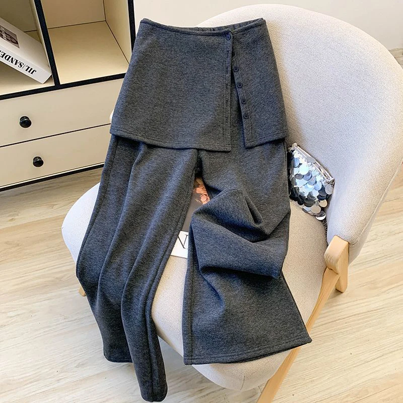 Casual Wide Leg Pants Women Autumn Winter Vintage Fake Two Piece Patchwork Trouser Loose Lazy Wind Warm Harajuku Straight Pants