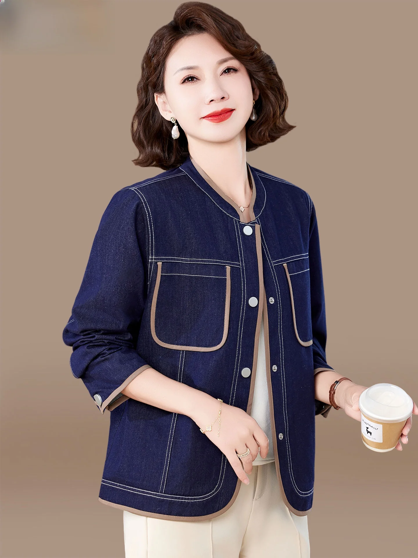 

Sli ort Denim Jaet for Mom Spring Autumn Faionable Open Cardigan Coat for Middle-Aged And ly Women