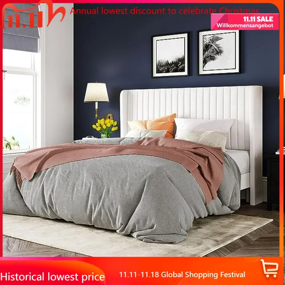 Velvet Bed Frame/Vertical Channel Tufted Wingback Headboard/No Box Spring Needed//Upholstered Platform Bed