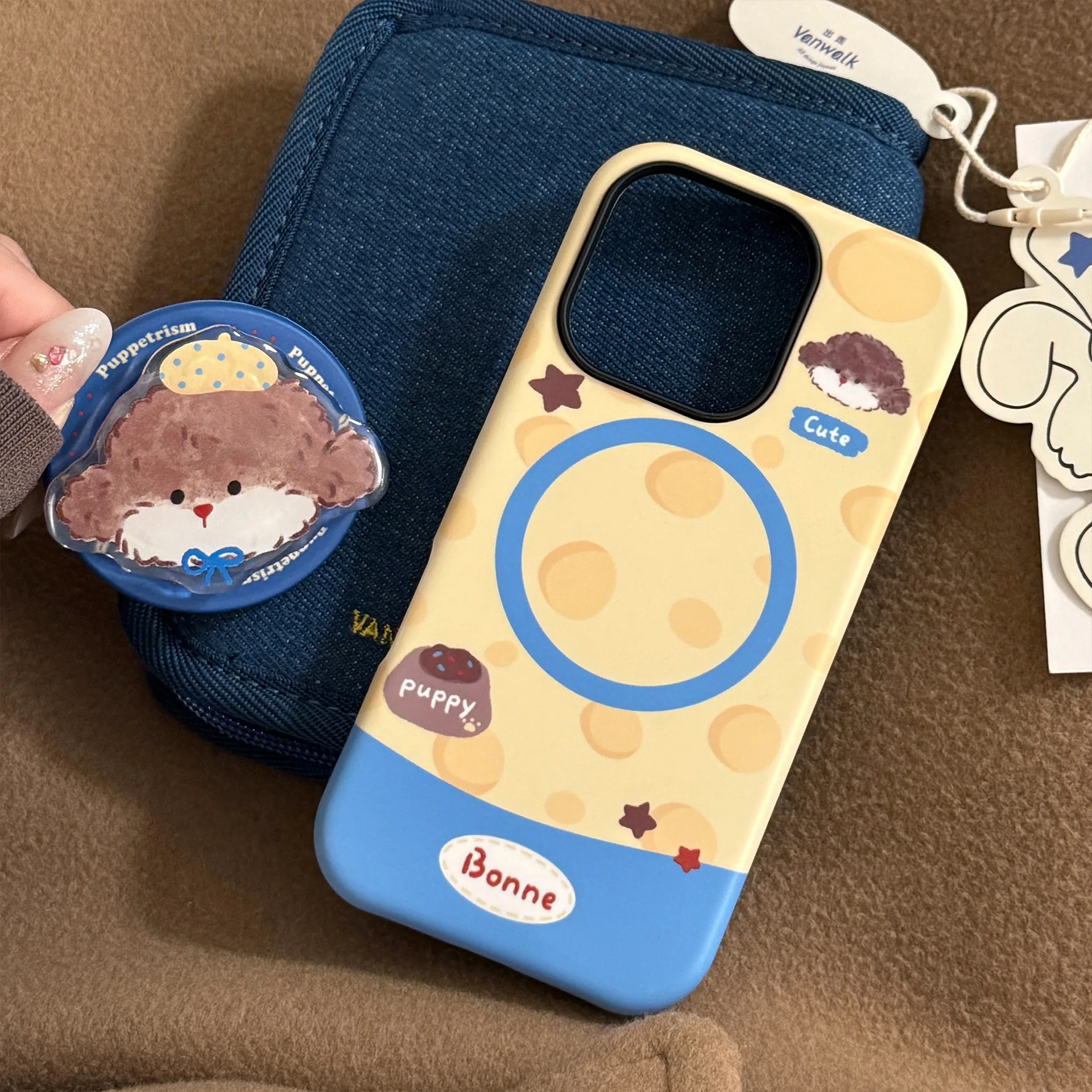 Koreanische Cartoon-Welpen-Magnetständer-Halter-Telefonhülle für iPhone 16 15 14 13 12 Mini 11 Pro Max, stoßfeste schützende Hartschale