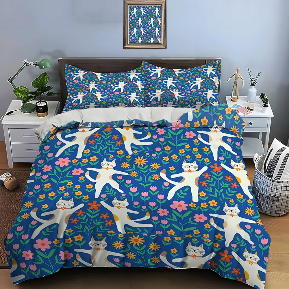 Dancing cats with colorful floral background Bedding Set for Kids Luxury Gift 3pcs Digital Print Comforter Set Soft Comfortable