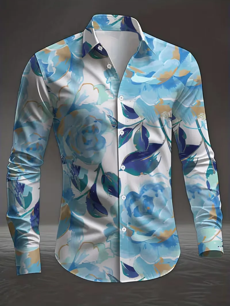

Новая мужская рубашка с длинными рукавами и элегантным цветочным принтом, мужская модная повседневная рубашка на пуговицах.