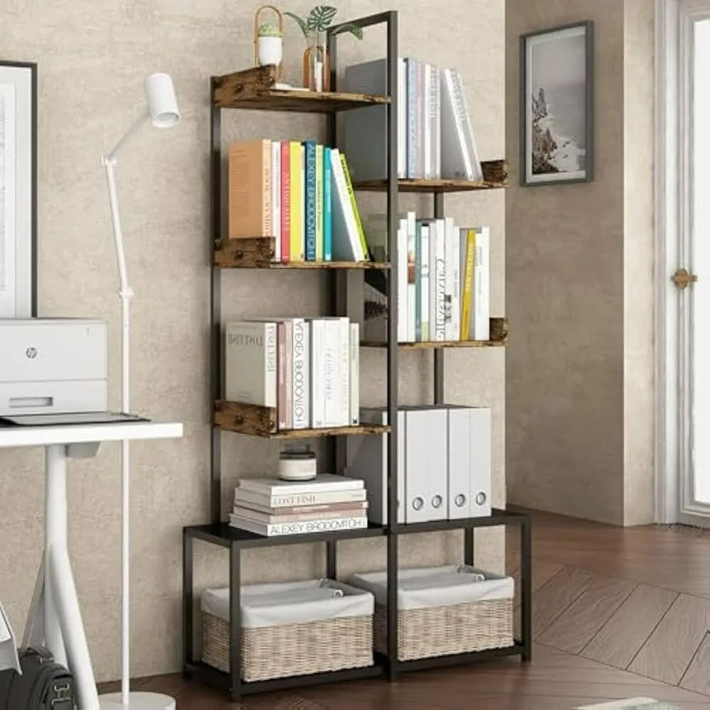 【7 Tier】Bookcase Child Books, Free Standing Utility Organizer Book Shelves Unit for Open Storage, Black Brown