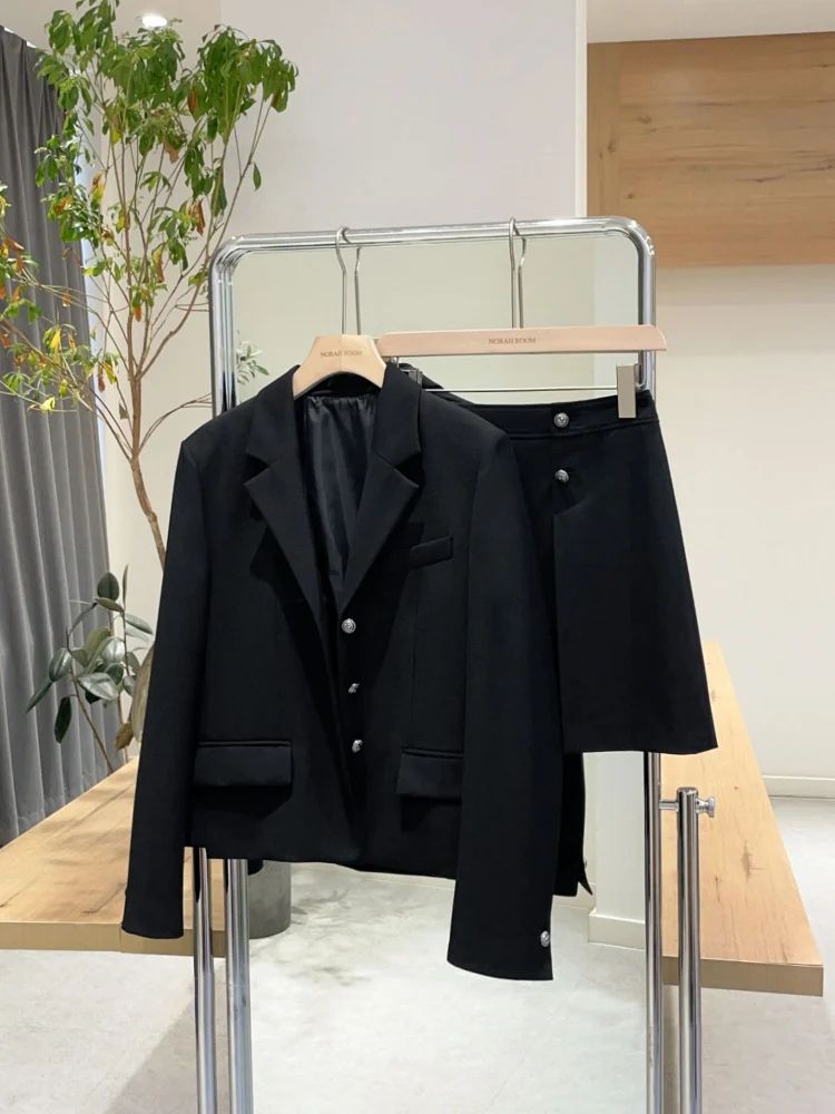 Authentic Noxiao Brand Spring 2026 New Style College Wind Suit Skirt Straight Tube Splicing Long Sleeve Single Button Pure Color