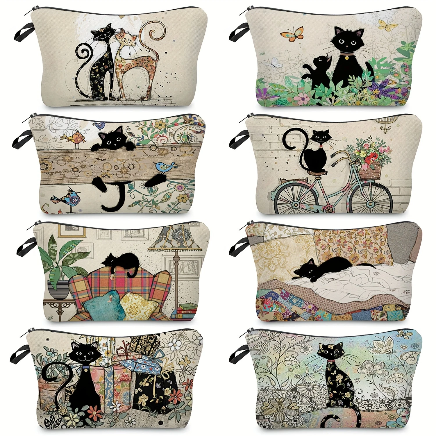 Retro Cat Pattern Carry On Bag, Zipper Lightweight Makeup Pouch, Versatile Cosmetic Bag