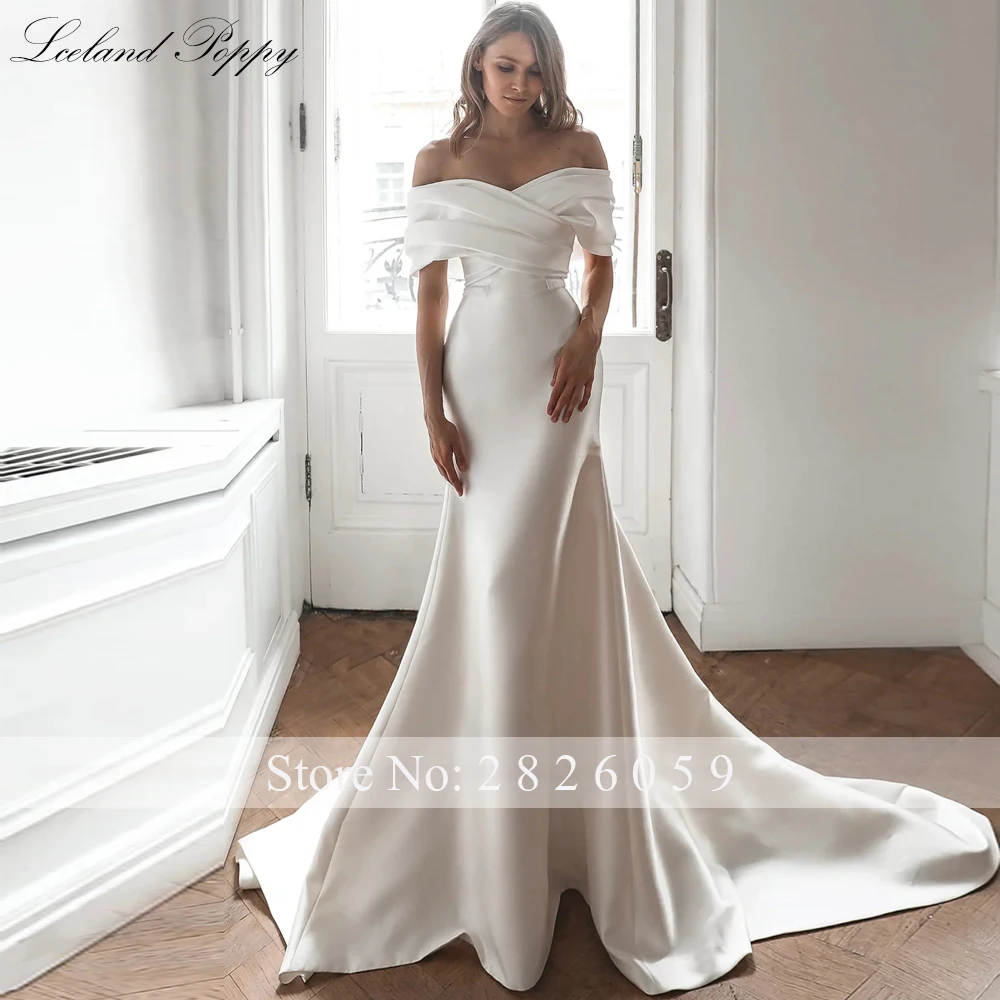 Lceland Poppy Elegant Women's Boat Neck Mermaid Satin Wedding Dresses Pleated Bridal Gowns with Detachable Train