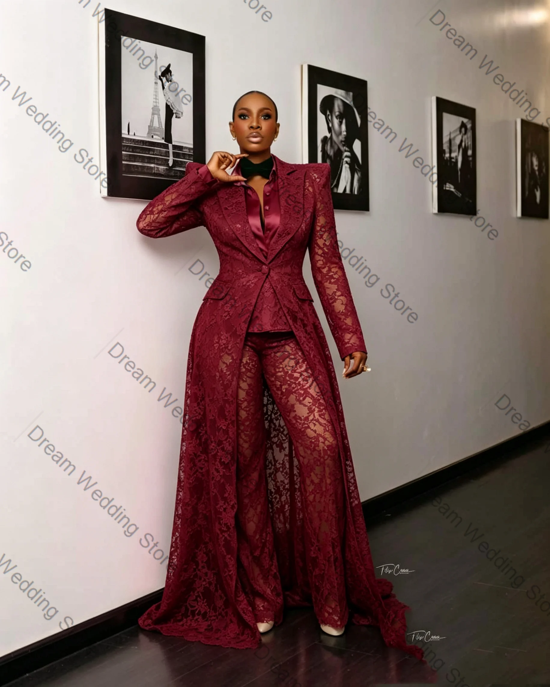 

Burgundy Lace Women Suit Set 2 Pcs Long Blazer+Pants Trousers Spring Formal Office Lady Jacket Customized Wedding Guest Coat