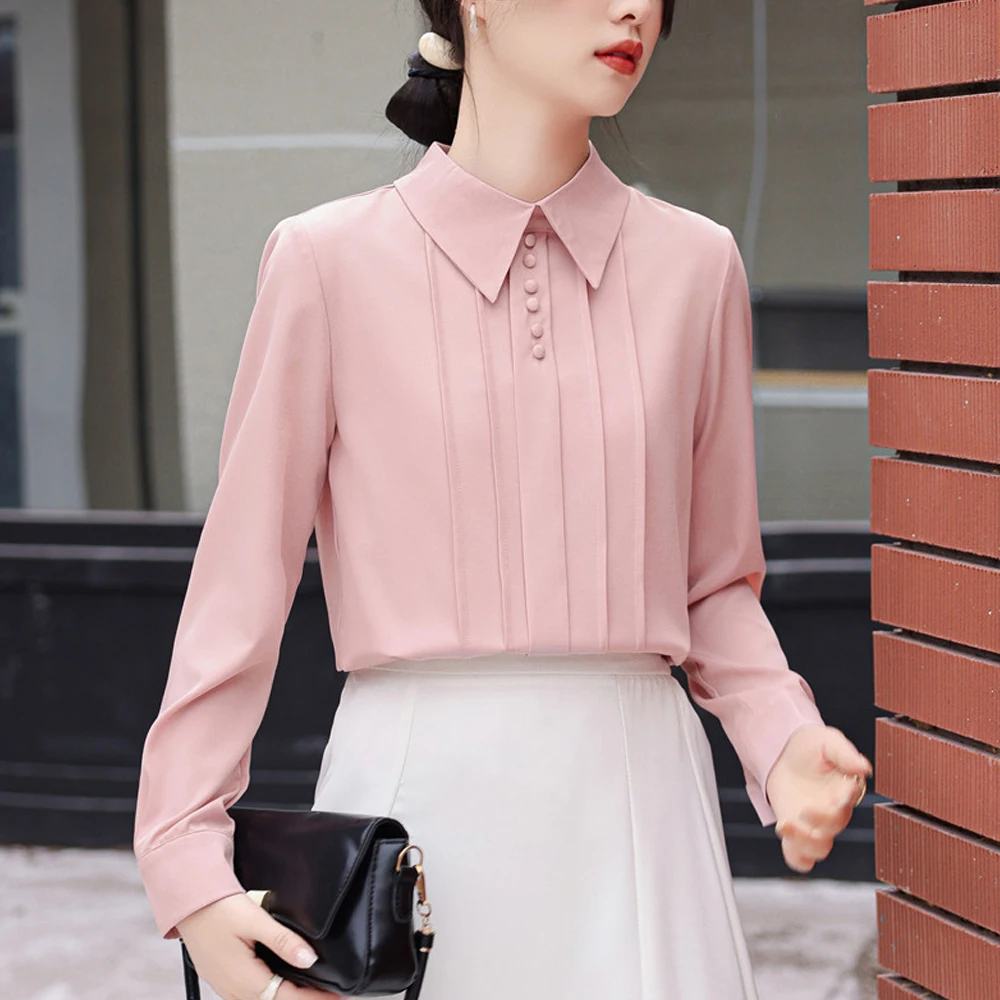 2024 Women\'s Cute Pink Tops Preppy Style Vintage Japan Korea Design Button Elegant Formal Pullover Shirts Casual Blouses Femme