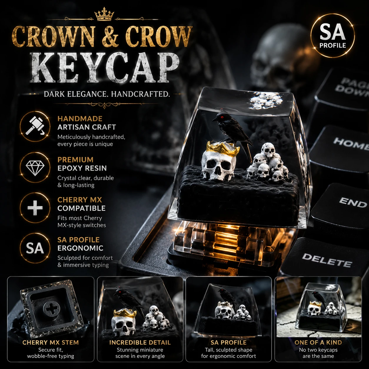 STJORNEX Artisan Keycap Resin Skull Mechanical Keyboard Custom Keycaps Gothic Style Handmade 1U SA Cherry MX Switch Gaming - view 3