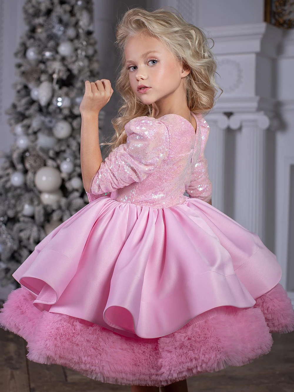 

New Pattern Pink Sequin Flower Girl Dress Square Neck Birthday Dress Half Sleeves Cute Baby Girl Princess First Communion Gow