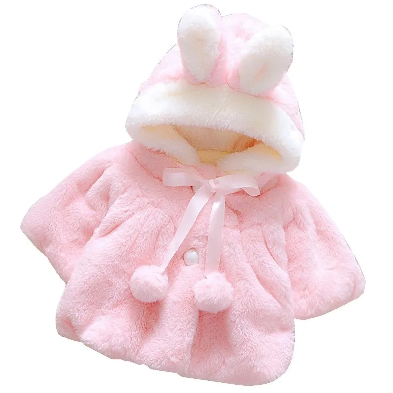 Girls Cute Plush Rabbit With Ears Baby Jacket Princess Autumn Hooded Coat Infants Outwear Children Winter Warm Christmas Clothes