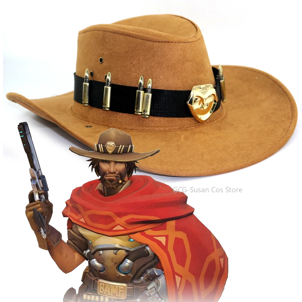OW McCree Cole Cassidy  Replica Cowboy hat Overwatch Metal Badge Soft Polyester Fabric Adjustable Strap Cosplay Costume Prop