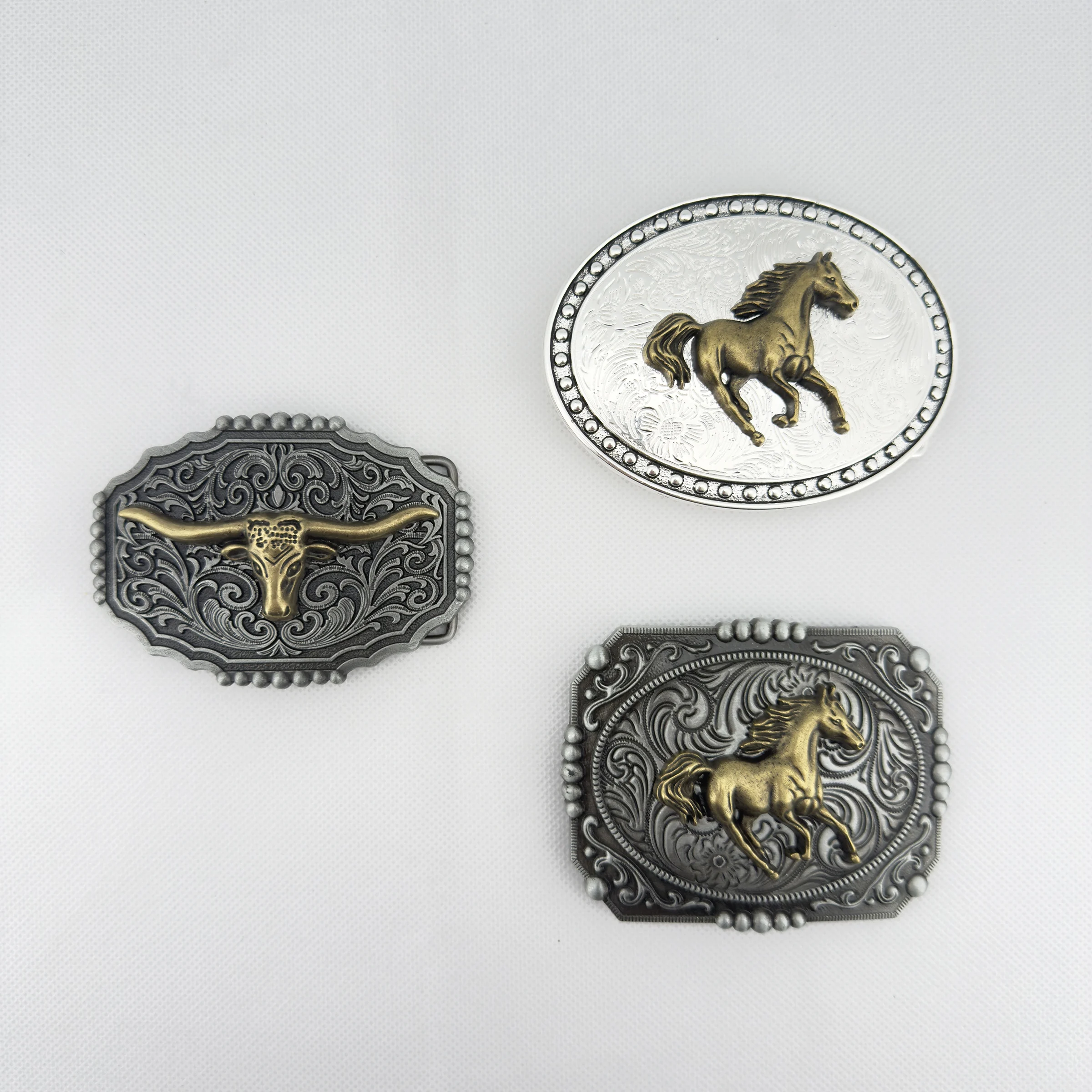 النمط الغربي سبائك الزنك رأس الحصان رأس البقرة تنقش مشبك حزام متعدد الاستخدامات للرجال والنساء