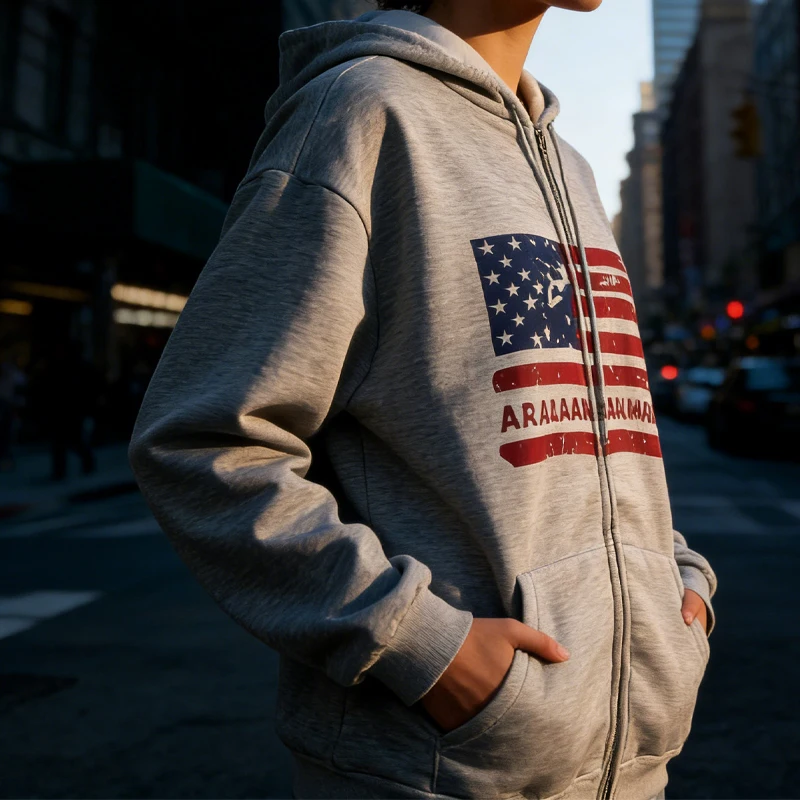 

Ins retro Harajuku street flag vintage print Vintage USA Flag Print Zip Up Hoodie Oversized Heather Gray Sweatshirt Long Sleeve
