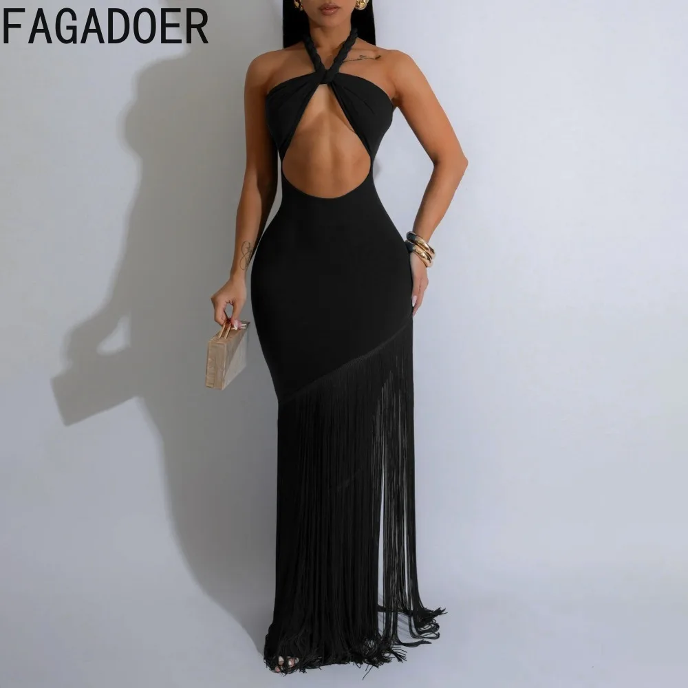 Fagadoer sexy borla oco-para fora retalhos bodycon vestidos longos feminino halter sem costas vestido feminino streetwear vestidos 2025 novo