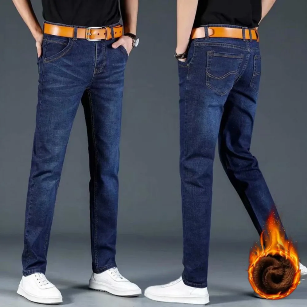 Брендовые мужские осенне-зимние теплые джинсы, деловые модные брюки, мужские джинсовые брюки в стиле ретро, высококачественные повседневные Стрейчевые облегающие джинсы
