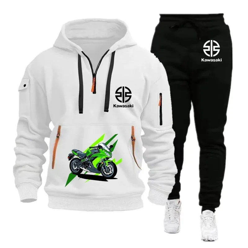 

Kawasaki Motorcycle 2025 Новый мужской комплект с половиной молнии для любителей экстремальных видов спорта на открытом воздухе, весенне-осенняя повседневная толстовка и брюки