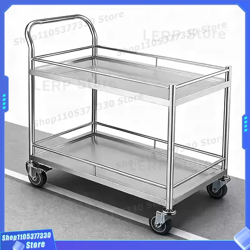 304 Stainless Steel Laboratory Trolley Double Layer Instrument Cart Thickened School Tool Trolley with Silent Wheels and