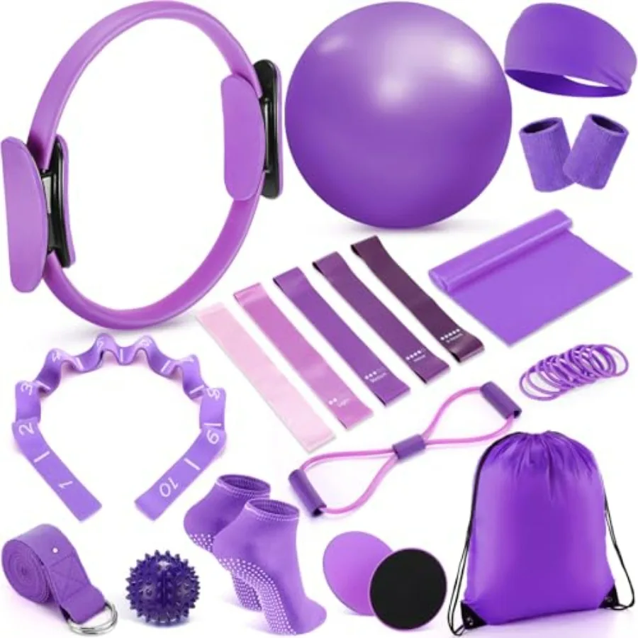 

18 Pcs Home Pilates Ball and Ring Circle Set Yoga Fitness Essentials Kit with 5 Resistance Band Stretching Strap Non Slip Sock