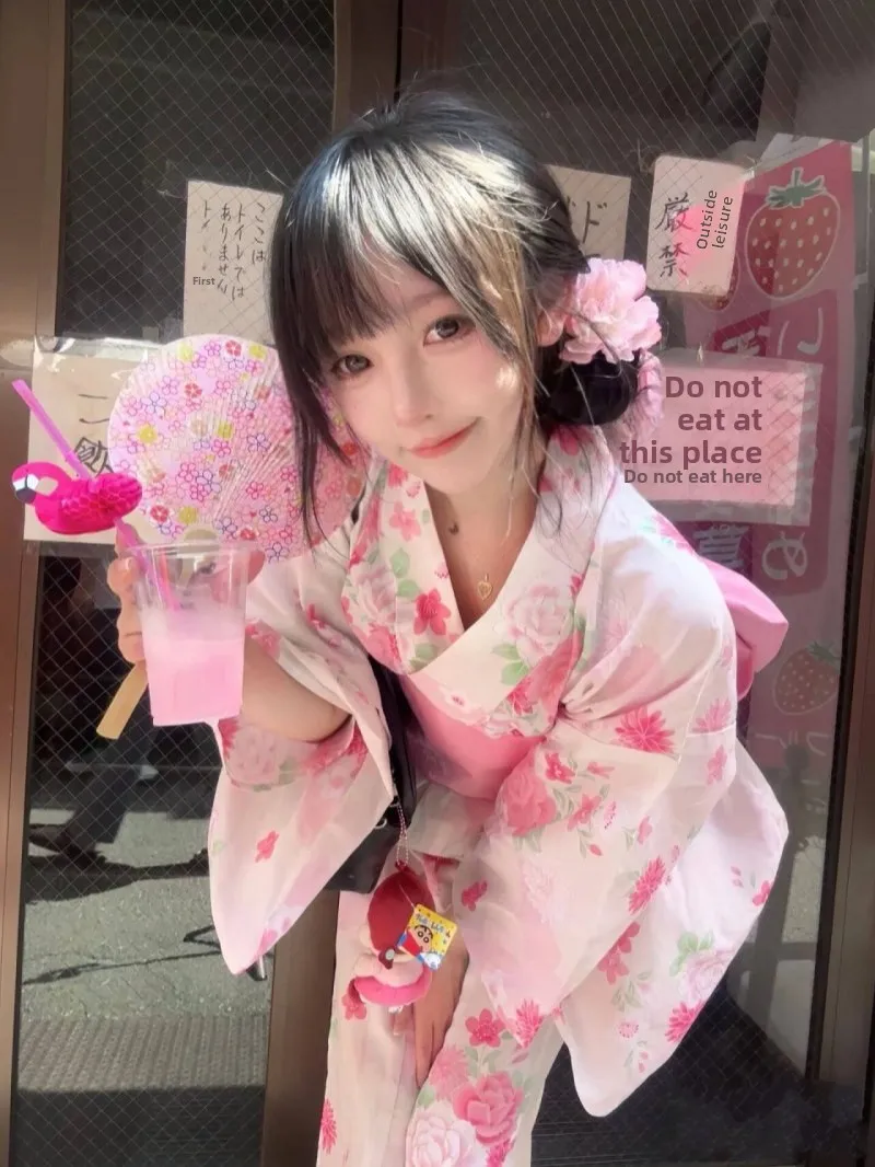 Traditional Japanese Kimono Formal Bathrobe Photography Teen Girl Ethnic Wear Stage Costume Polyester Fabric Spring Collection