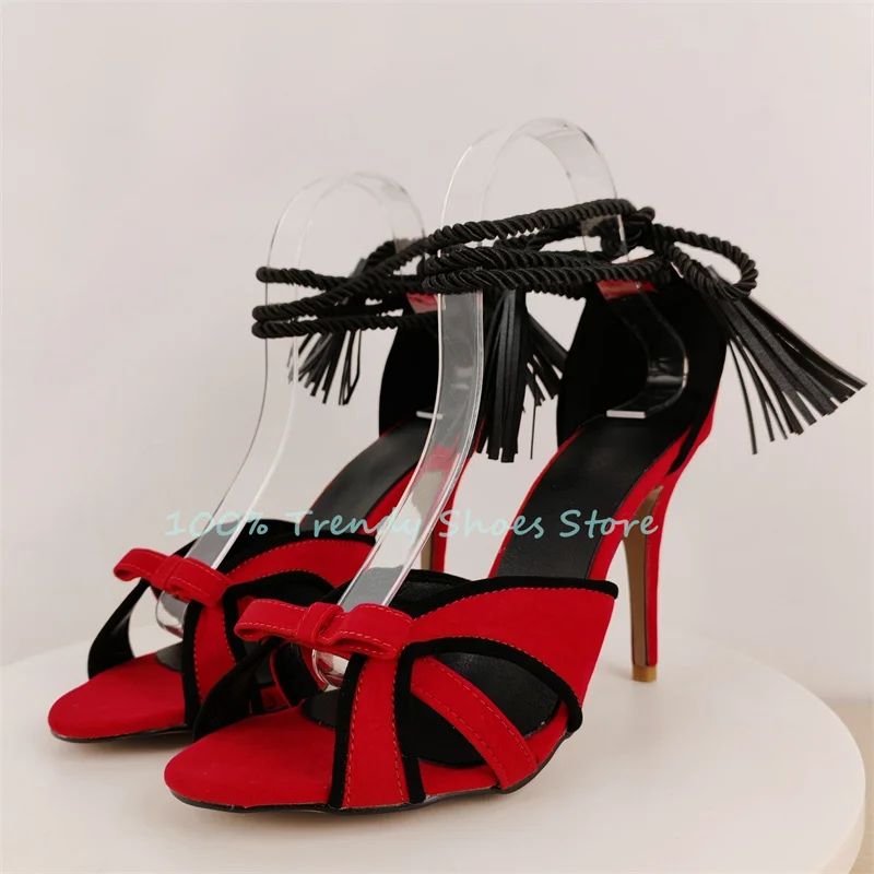 

Sexy Hollow-Out Mixed Color Narrow Band Women Sandals Bowknot Decor Peep Toe High Heel Pumps Lady Ankle Strap Party Dress Shoes