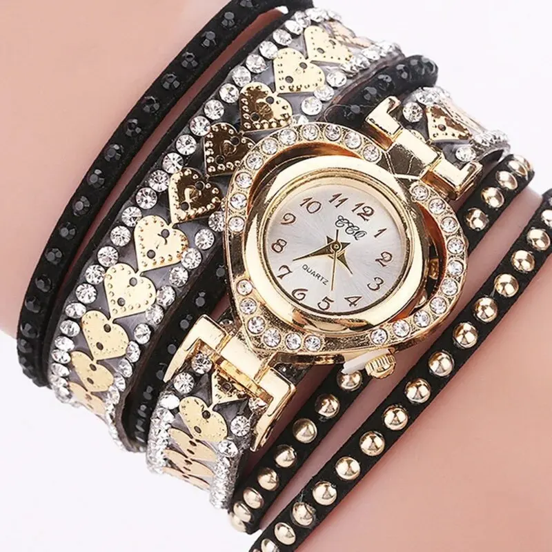 Retro Luxury Popular Diamond Winding Long Strap Peach Heart Bracelet Watch Women