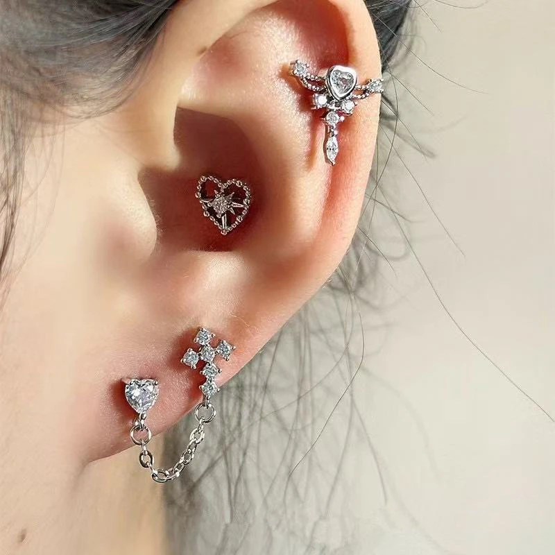 1PC Silver Color Cross Double Ear Hole Chain Tassel Ear Bone Nail  Bling Zircon Inoxidable Stainless Steel Earrings Jewelry Gift