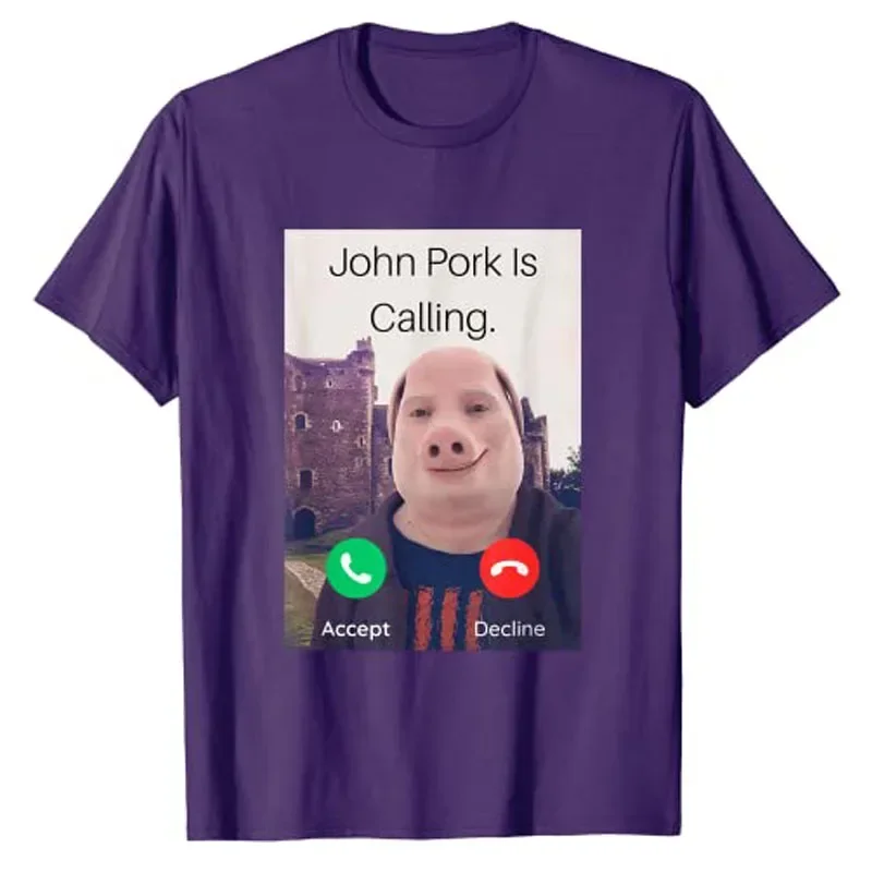 John Pork Is Calling Answer Call Phone T-Shirt Humor Funny Pig Lover Graphic Tee Top Streetwear Fashion Short Sleeve Outfit Gift