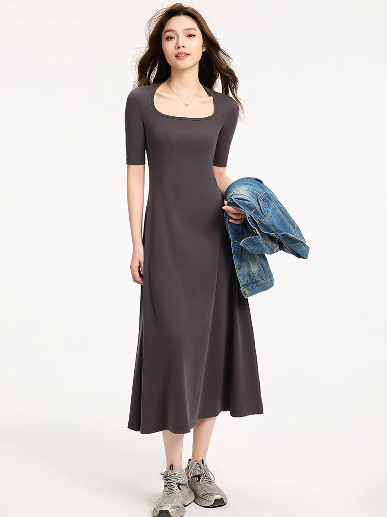 Slim Lyocell Cotton Tee Dress Short Sleeve Horseshoe Neck A Line Midi T Shirt Dresses