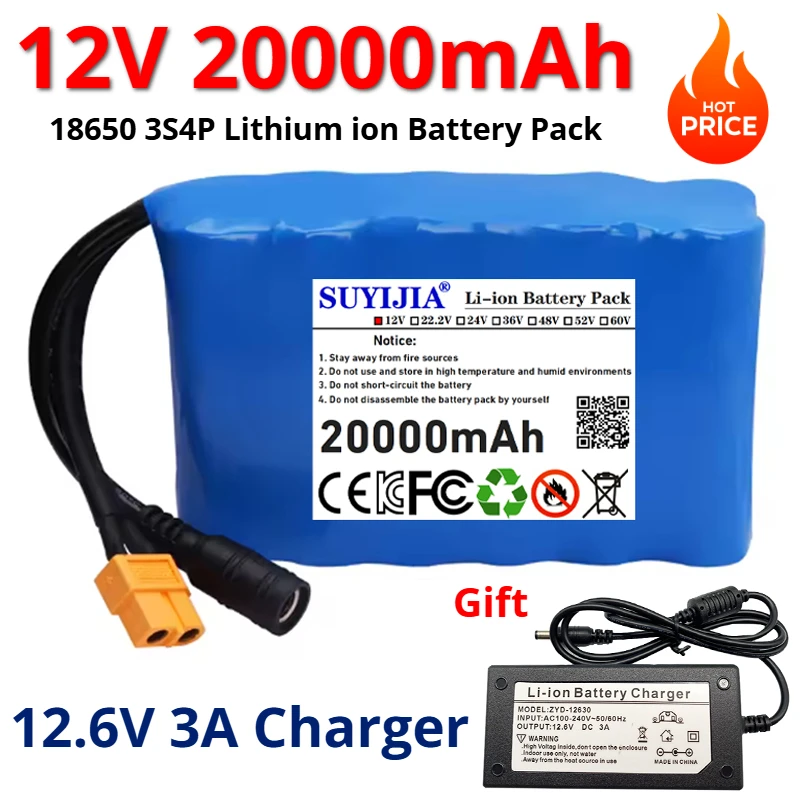 جديد 12 فولت 20ah 40A BMS Orline بطارية 18650 20000 مللي أمبير بطارية ليثيوم أيون عالية السعة XT60 Dc5521 400 واط مصباح دراجة نارية عالي الطاقة