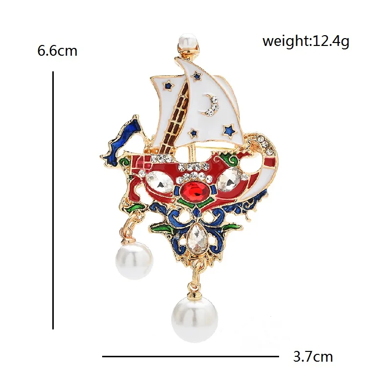 Wuli&baby Charming Sailboat Brooches For Women Men Retro Pearl Enamel Lovely Boat Party Office Brooch Pins Gifts