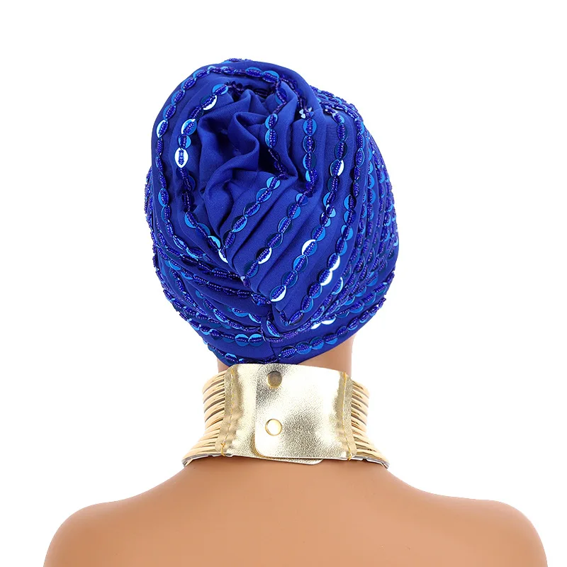 Luxo Lantejoulas frisadas boné de turbante para mulheres, envoltórios artesanais de cabeça feminina africana, elegante boné muçulmano, Nigéria