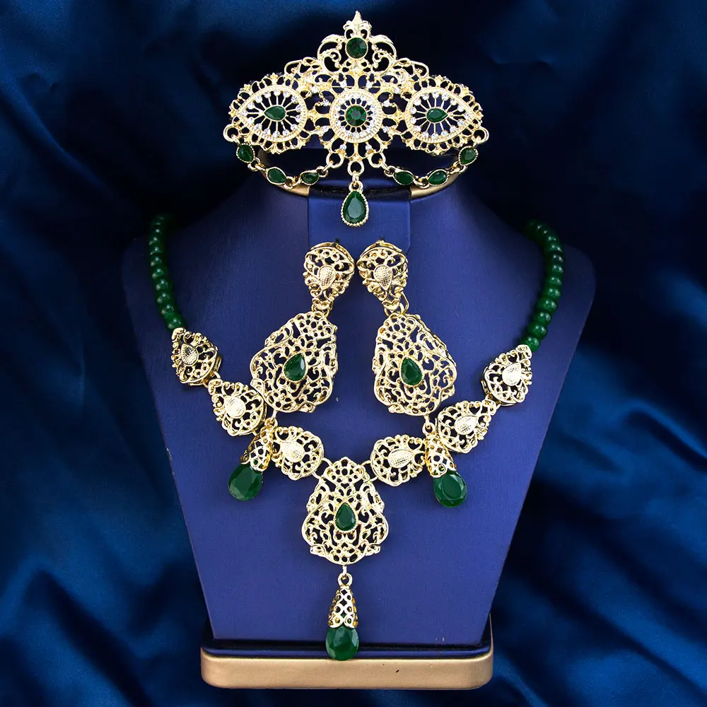 Immagine 4: Sunspicems Colore oro Arabo Marocco Set di gioielli da sposa da sposa Collana di perline Ciondolo Waterdrop Orecchino lungo Spilla in filigrana