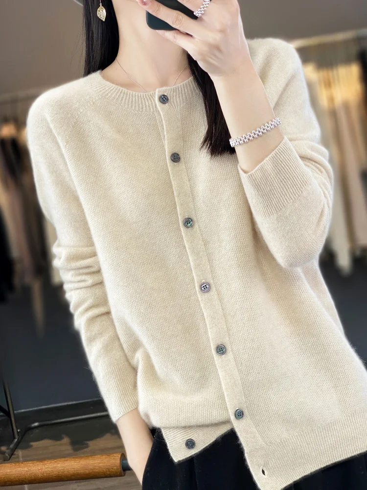 Maglioni lavorati a maglia da donna in Cashmere a maniche lunghe 100% pura lana Merino primavera autunno o-collo Top Cardigan senza connessione una