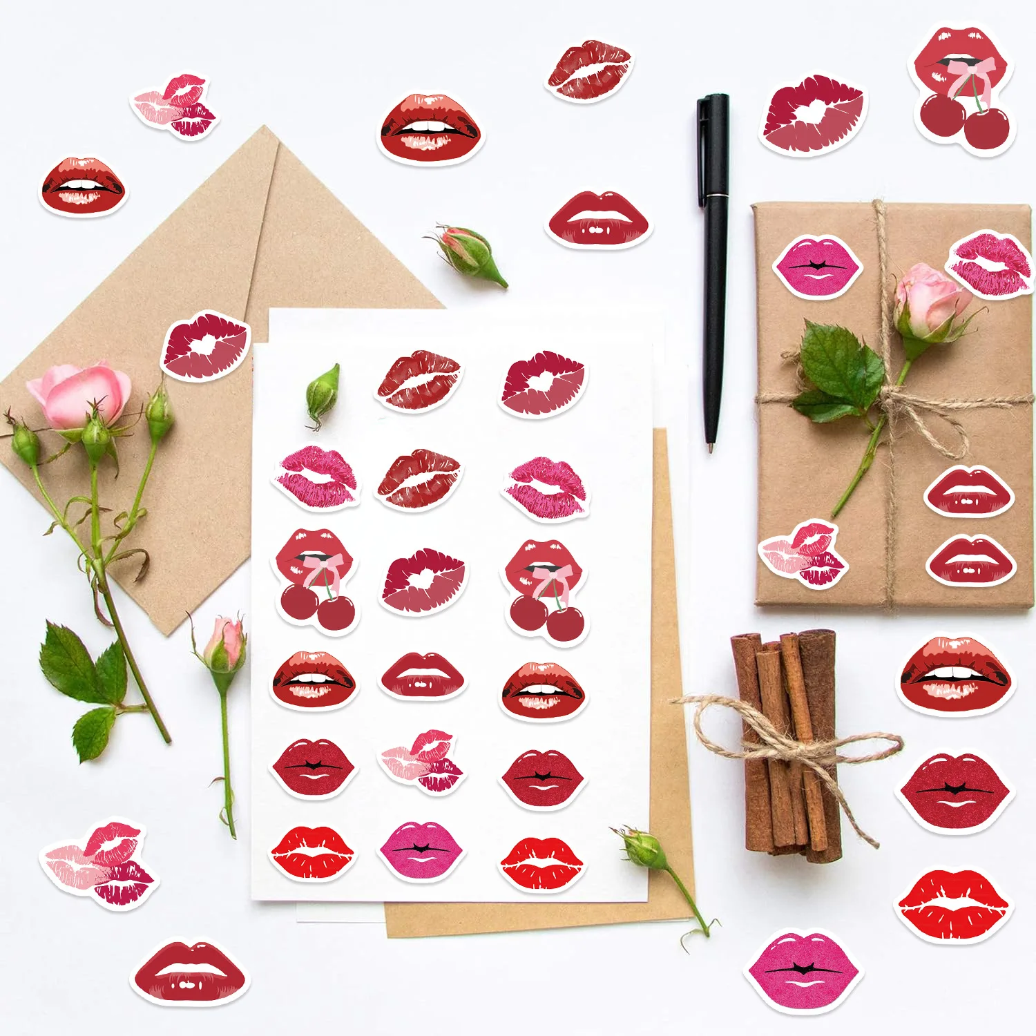 500PCS Roll Adhesive Tape Cartoon Flame Red Lip Notebook Stationery Decor Stickers