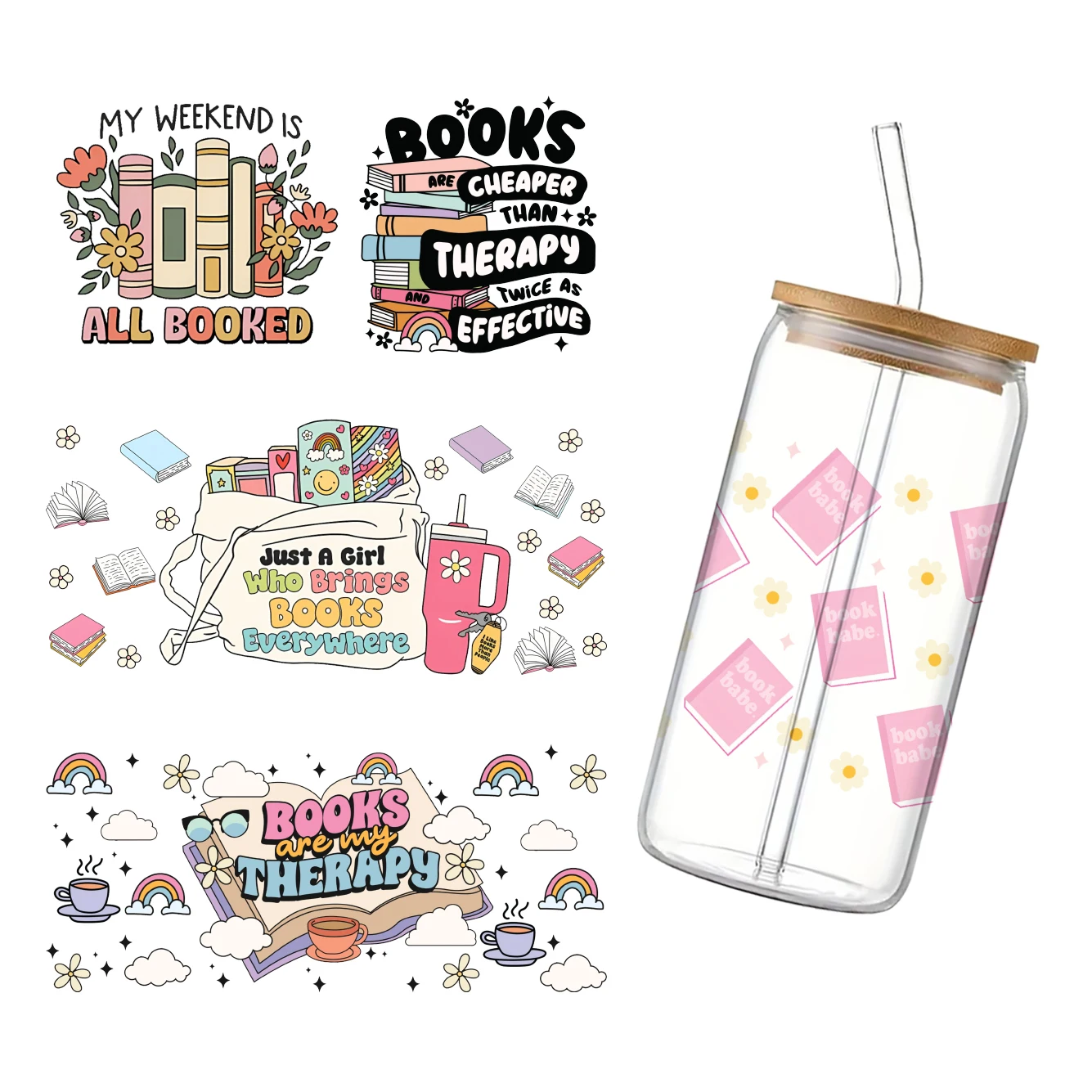 Reader Book Study 11x24cm Design Cup Wrap Sticker UV DTF Sticker Waterproof Decals For 16oz Glass Laptop Sticker Gift