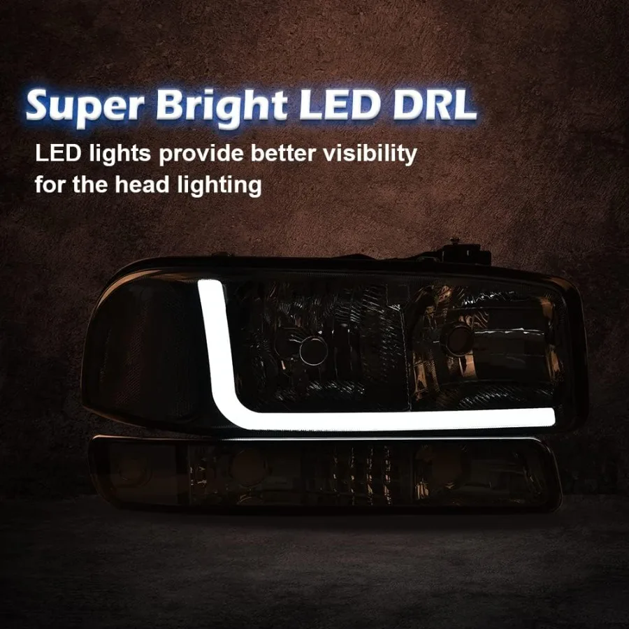 المصابيح الأمامية LED لـ 19992007 GMC Sierra 1500 2500 20012007 GMC Sierra 1500HD 2500HD 3500 9906 GMC Yukon مع عدسة سموكي كروم H