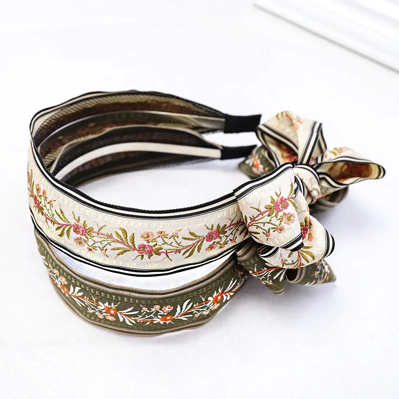 Exquisite Retro Ethnic Style Printed Embroidery Headband Head Wrap Sweet Bow Knit Flower Leaf Vine Bohemian Hair Accessories Set