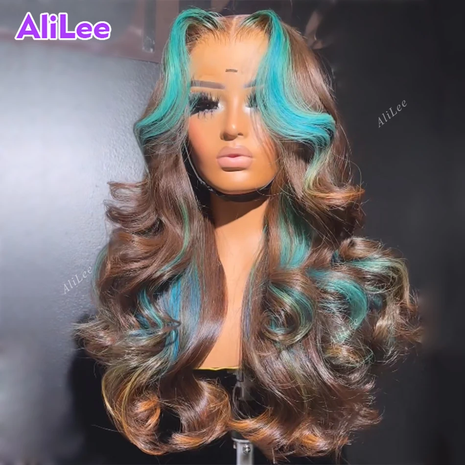 Brown with Blue Highlight 13X4 13X6 Lace Frontal Wig Human Hair Transparent Body Wave Pre Plucked Hair Wig for Women 180 Density