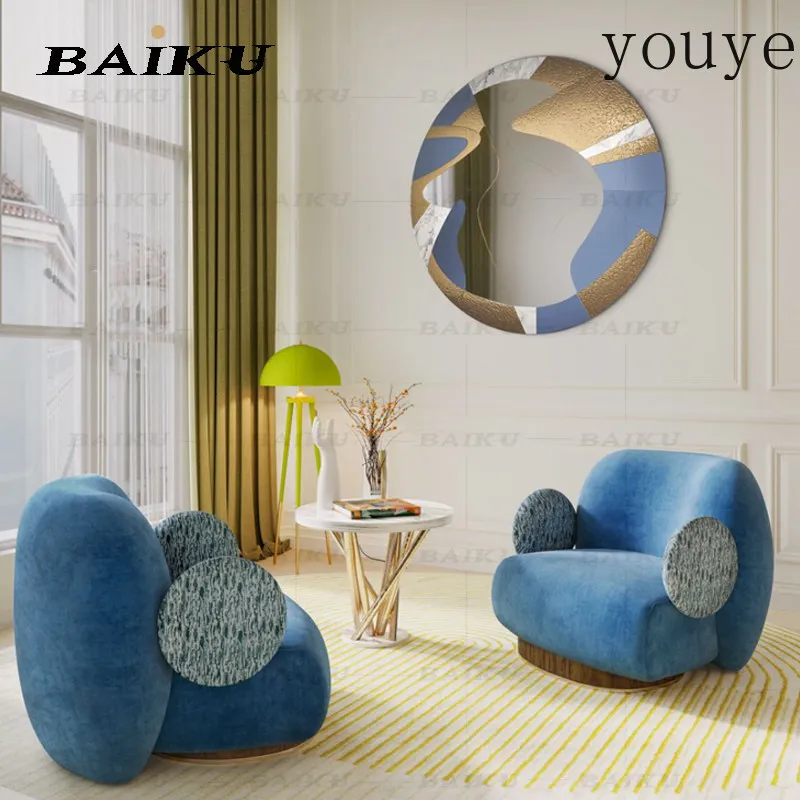 Modern light luxury blue flannel single sofa creative round ear shape leisure chair living room home solid wood sofa chair