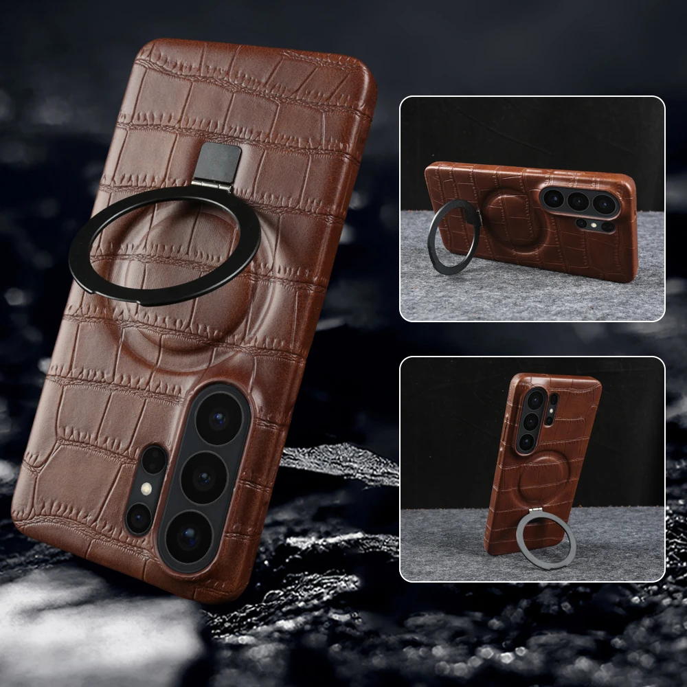 Magnetic Bracket Stand Case For Samsung Galaxy S26 Ultra S25 Plus S24 FE S23 S22 S21 S20 Phone Case Crocodile Leather Back Cover
