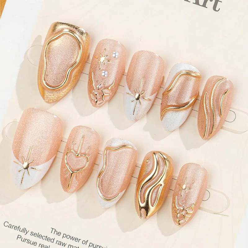 24pcs Retro Gilded Lines Fake Nail Sets French Cat's Eye Almond Press on False Nails Tips Flower Design Wearable Nails Set Kit