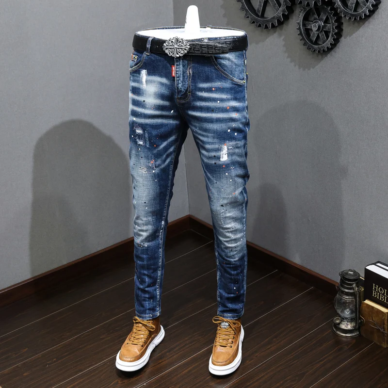 

Fashion Designer Men Jeans Retro Blue Stretch Slim Fit Painted Ripped Jeans Men Korean Style Vintage Casual Denim Pants Hombre