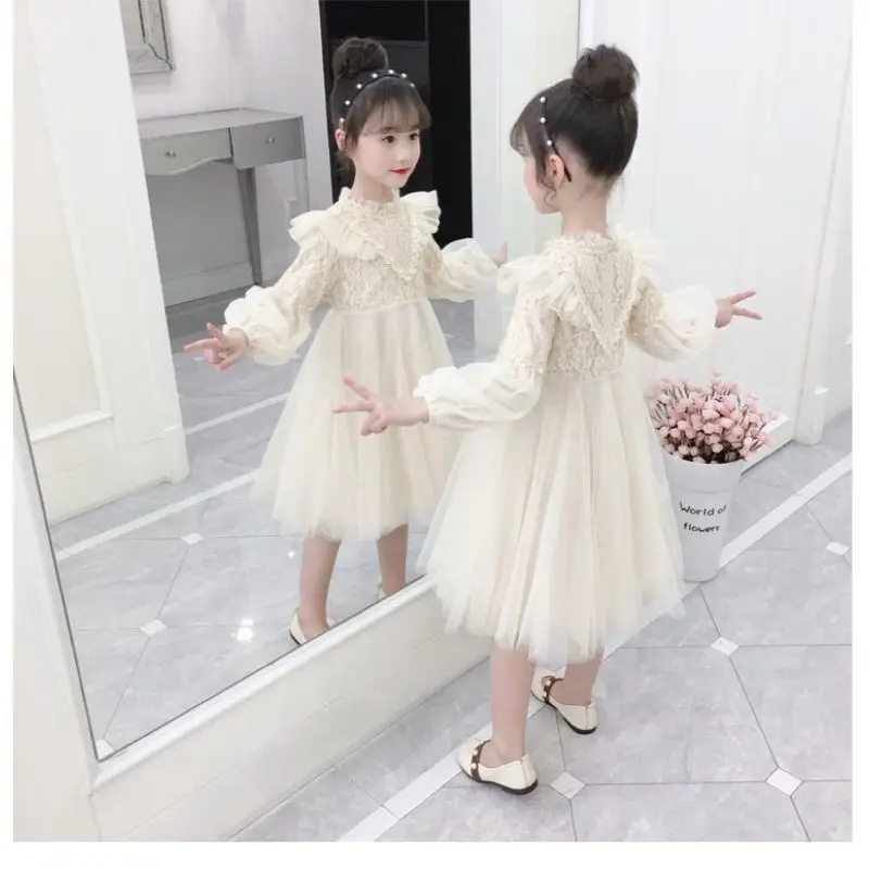 2023Girls\' Autumn Winter New Fashion Half High Neck Long Sleeve Solid Color Vivid Cute Kids Children\'s Clothing Casual Dresses