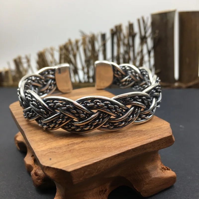 New S925 Silver Hand-Woven Twisted Open Vintage Bracelet Men And Women, Fashionable
