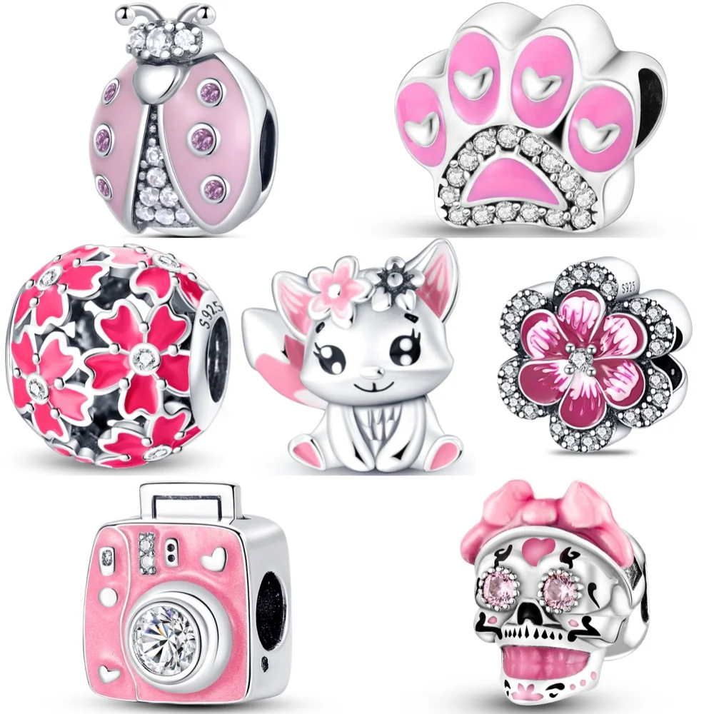 925 Sterling Silver Cute Flower Camera Rabbit Pink Series Charms Beads Fit Original  Bracelets S925 DIY Jewelry Gifts