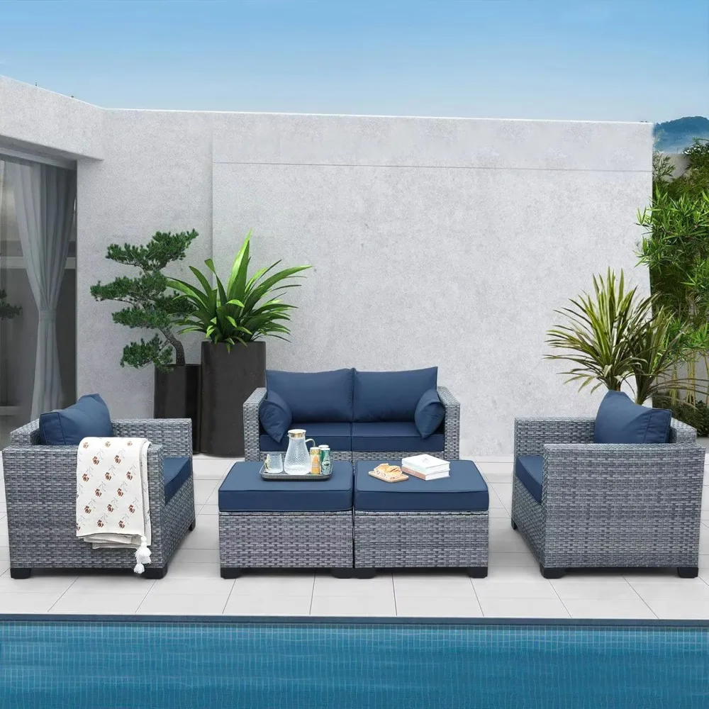 5PCS Patio Furniture Set, Outdoor Wicker Conversation Set w/ Ottomans, All-Weather PE Rattan Love Seat & Chair Set w/ Cushions